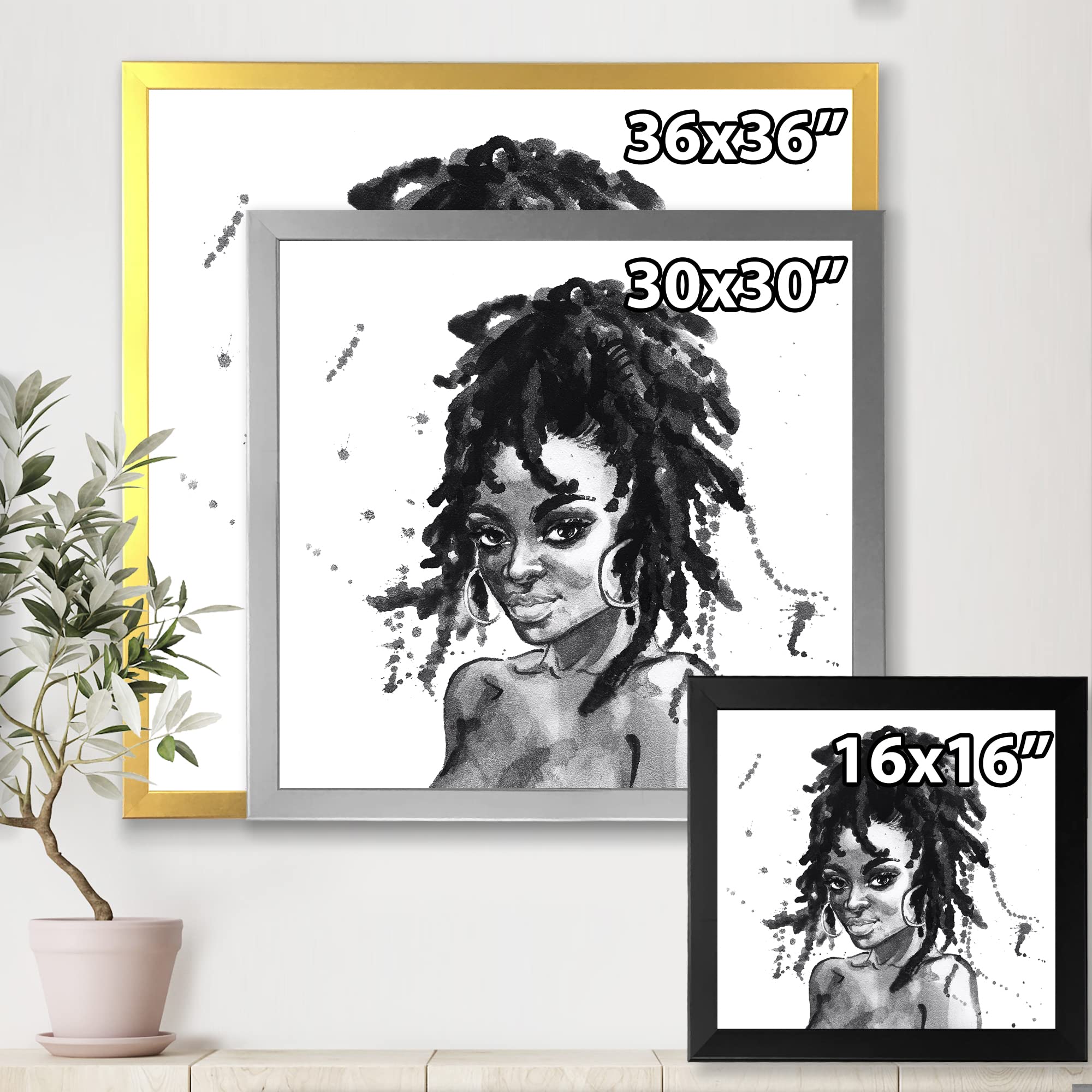 DesignQ Black and White Portrait of African American Woman II - Modern Framed Wall Art Decor for Living Room, Bedroom & Office