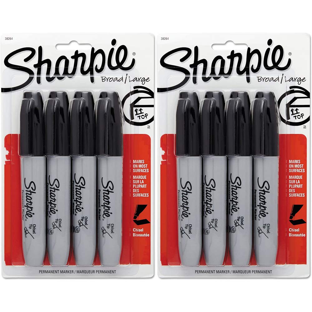 Sharpie Permanent Markers - 5.3mm Chisel Tip, Black Ink (8 Pack - 2 Sets of 4) - Ideal for Office, School, Art Projects & Labeling