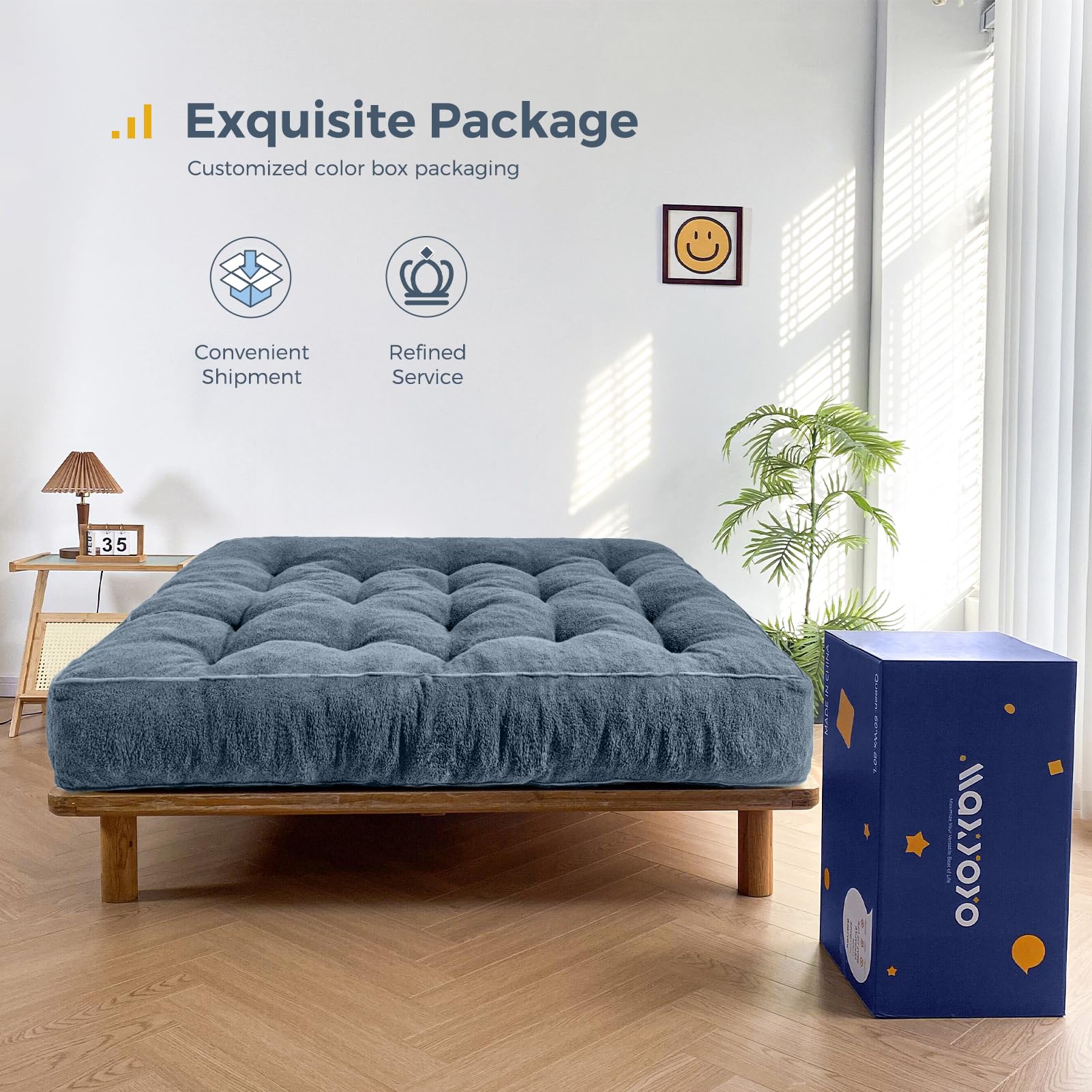 MAXYOYO 8 Inch Tufted Futon Sofa Couch Bed - Thick Boucle Floor Futon Mattress for Adults (Mattress Only) in Dusty Blue | Perfect for Small Spaces, Guest Rooms & Dorm Rooms