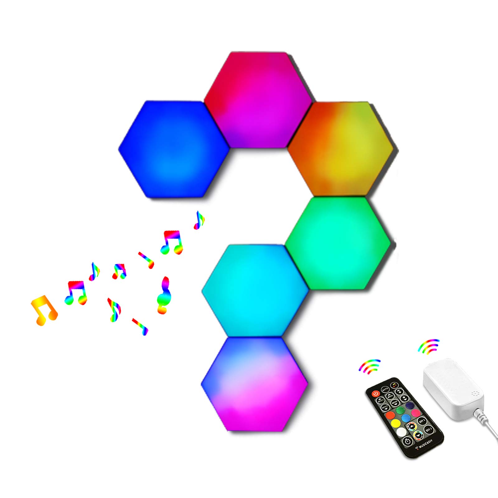 Hexagon LED Light Panels with Music Sync - 16 Million RGB Color Changing Smart Wall Lights, Built-in Mic & Remote Control, DIY Modular Gaming Lights for Bedroom, Bar, Cafe, Party Decor (6 Pack) - Perfect for Gaming Rooms, Home Theater, and Nightclub Ambiance