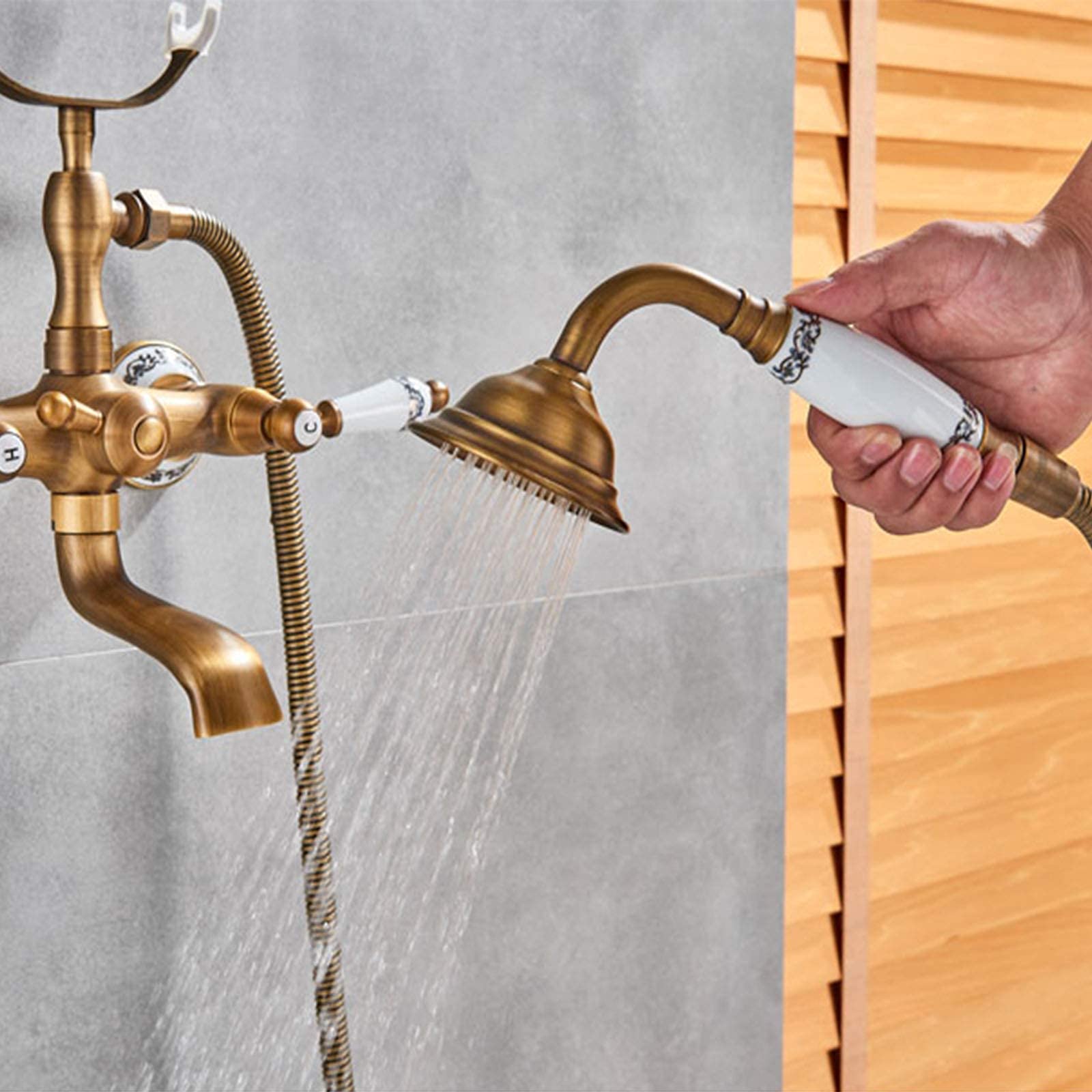 Antique Brass Bathtub Faucet with Handheld Shower - Luxury Wall Mount Tub Mixer Tap with Dual Handles - Vintage Bathroom Fixture for Classic & Modern Bathrooms