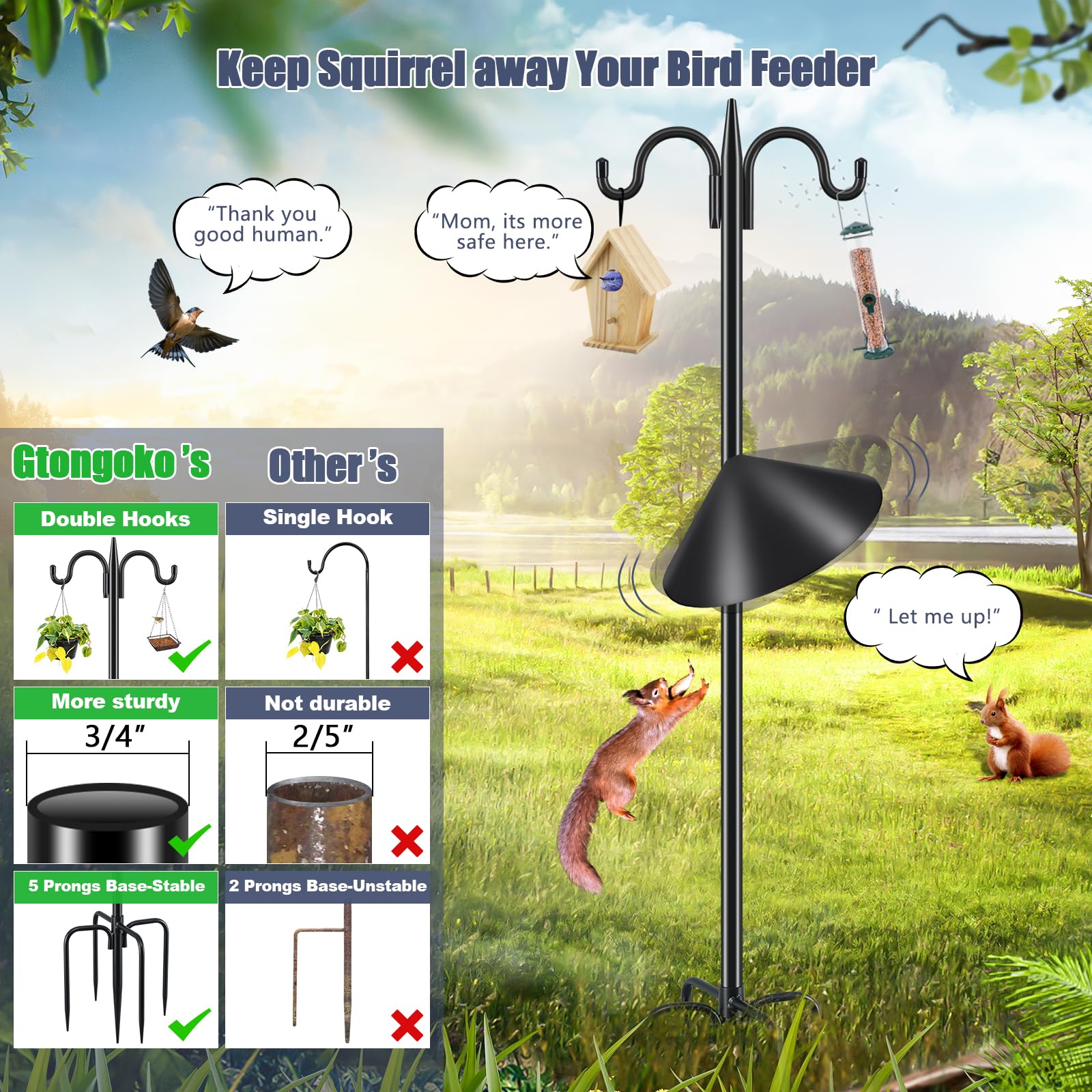 92 Inch Heavy Duty Squirrel Proof Bird Feeder Pole - Adjustable Double Shepherds Hook with Squirrel Baffles & 5-Prong Base for Hanging Plants, Bird Houses - Perfect for Backyard, Garden & Outdoor Decor (Black)