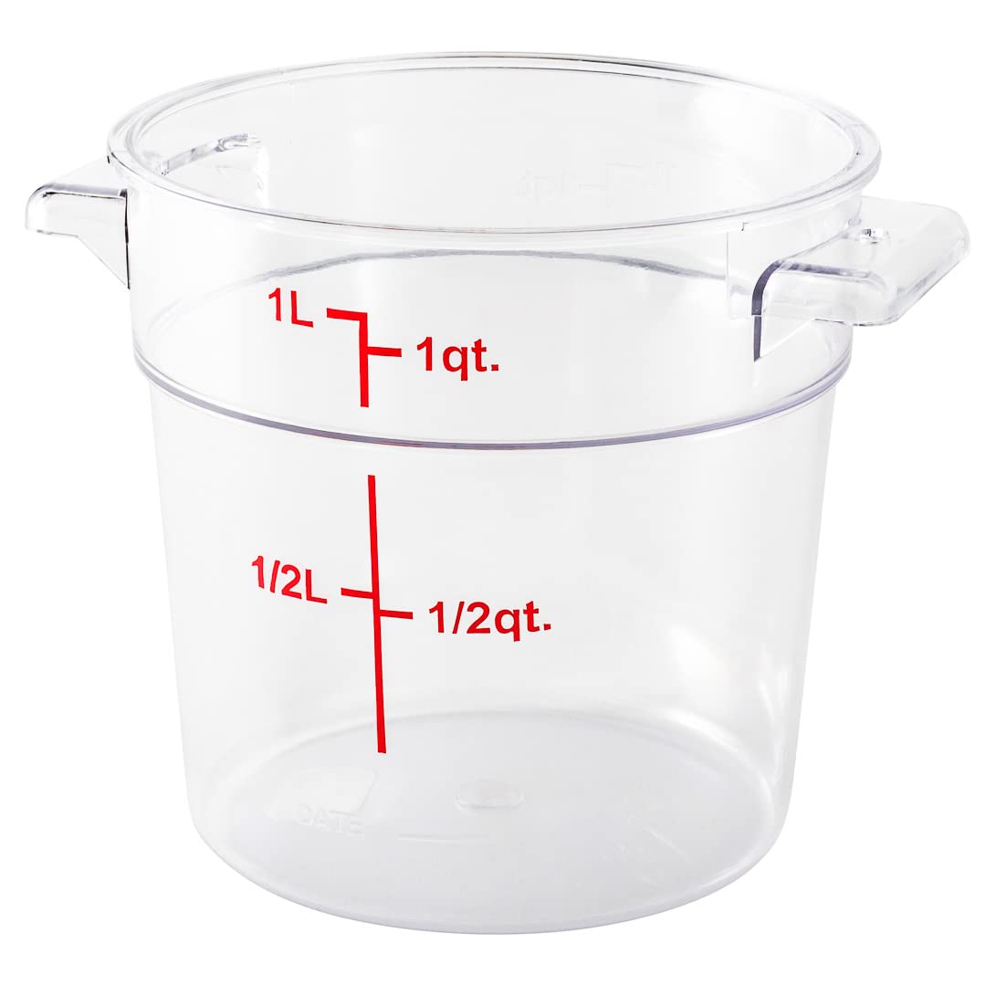 Restaurantware Met Lux 1 Quart (32 oz) Clear Plastic Food Storage Containers - 10-Pack Round Commercial Food Prep Buckets with Volume Markers, Lids Sold Separately | Space-Saving Kitchen Organization for Restaurants, Catering & Meal Prep