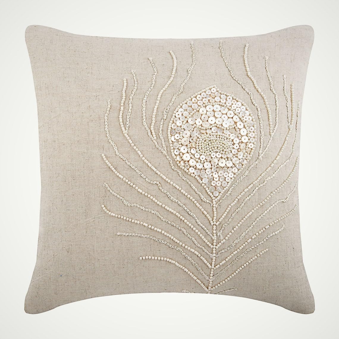 HomeCentric 16x16 Inch (40x40 cm) Cotton Linen Throw Pillow Covers - Ecru Bird & Peacock Feather Design for Sofa, Living Room & Bedroom Decor | Modern Decorative Pillow Covers for Couch, Sectional & Home Styling