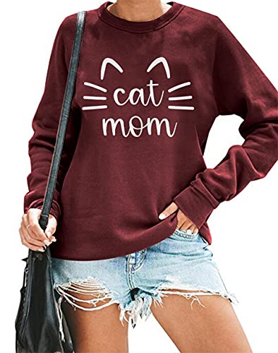 Cat Mom Sweatshirt for Women - Cute Cat Mama Long Sleeve Graphic T-Shirt Top with Letter Print | Perfect for Casual Wear, Cat Lover Gifts & Cozy Fall Outfits