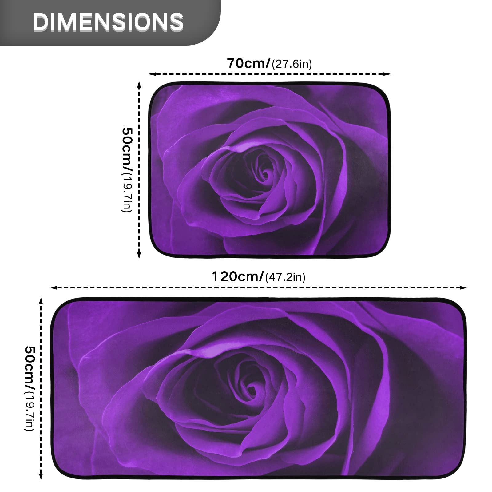 Valentine's Day Purple Rose Non-Slip Kitchen Rugs Set of 2 - Washable Polyester Floor Mats for Kitchen, Laundry, Sink & Office - Soft Standing Mats for Comfort & Style