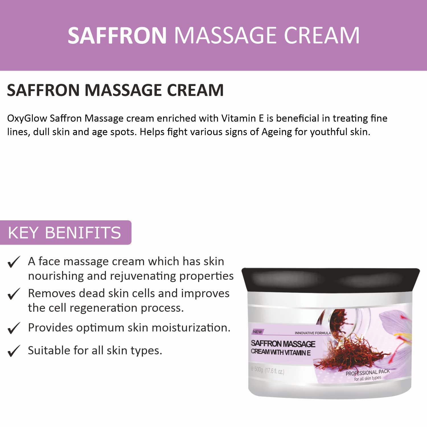 OxyGlow Herbals Saffron Face Massage Cream with Vitamin E - 500g for Healthy Glowing Skin | Hydrating & Brightening Facial Moisturizer | Day & Night Skincare Routine | Pack of 1