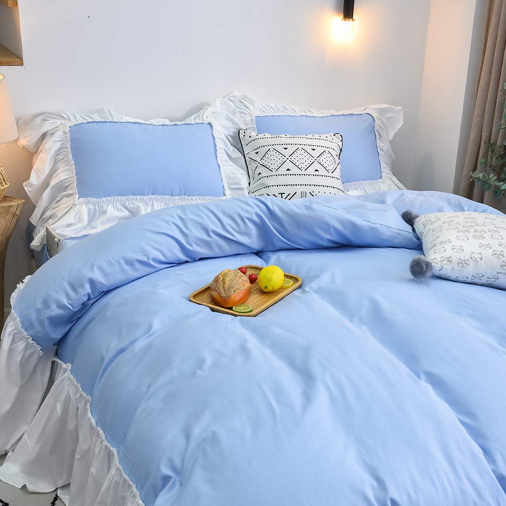 Premium 100% Cotton 600 TC Smart Sheet with Side Pocket & Duvet Cover Set - 4 Piece Light Blue Ruffled Bedding Set for Queen Size Bed | Romantic Princess Style | Perfect for Guest Rooms, Master Bedrooms & Cozy Home Decor