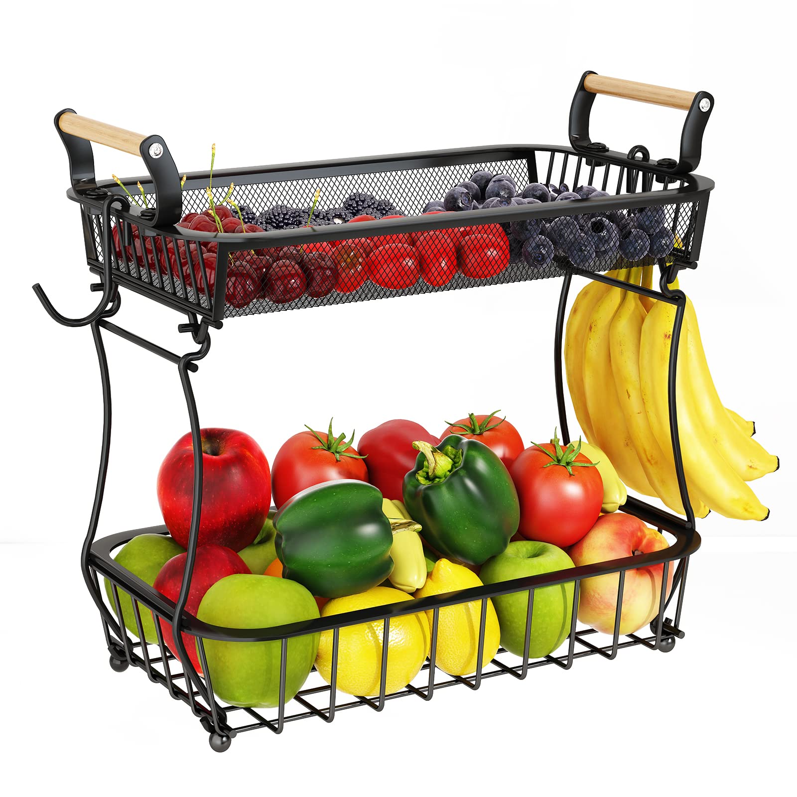 2-Tier Metal Fruit Basket with Banana Hangers - Countertop Kitchen Organizer for Fruits, Vegetables, Onions, Potatoes, Bread & Snacks - Perfect for Pantry, Dining Table & Countertop Storage