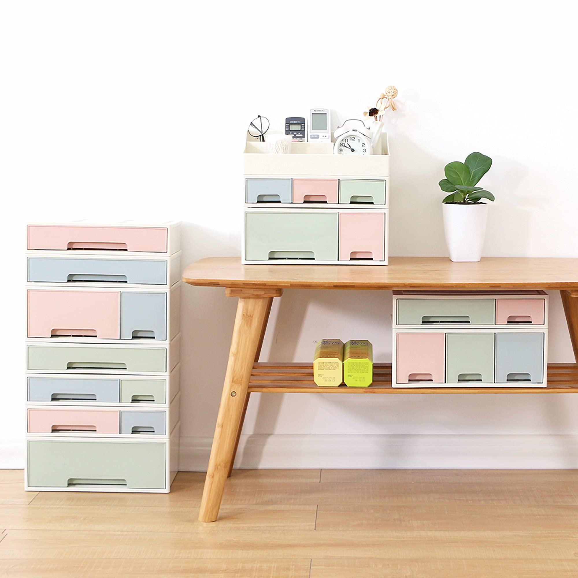 5-Drawer Makeup Organizer & Cosmetic Storage Box - Desktop Stationery Holder, Remote Control Organizer, Kitchen Spice Box (4-Piece Set, Blue/Pink/Green) - Perfect for Bedroom Vanity, Office Desk & Kitchen Counter Organization