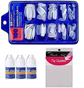 ALVRIO 100 Pc White Curved Artificial Nail Tips with 3 Glue Bottles & Application Guide - Perfect for DIY Manicures, Salon Use & Nail Art Extensions