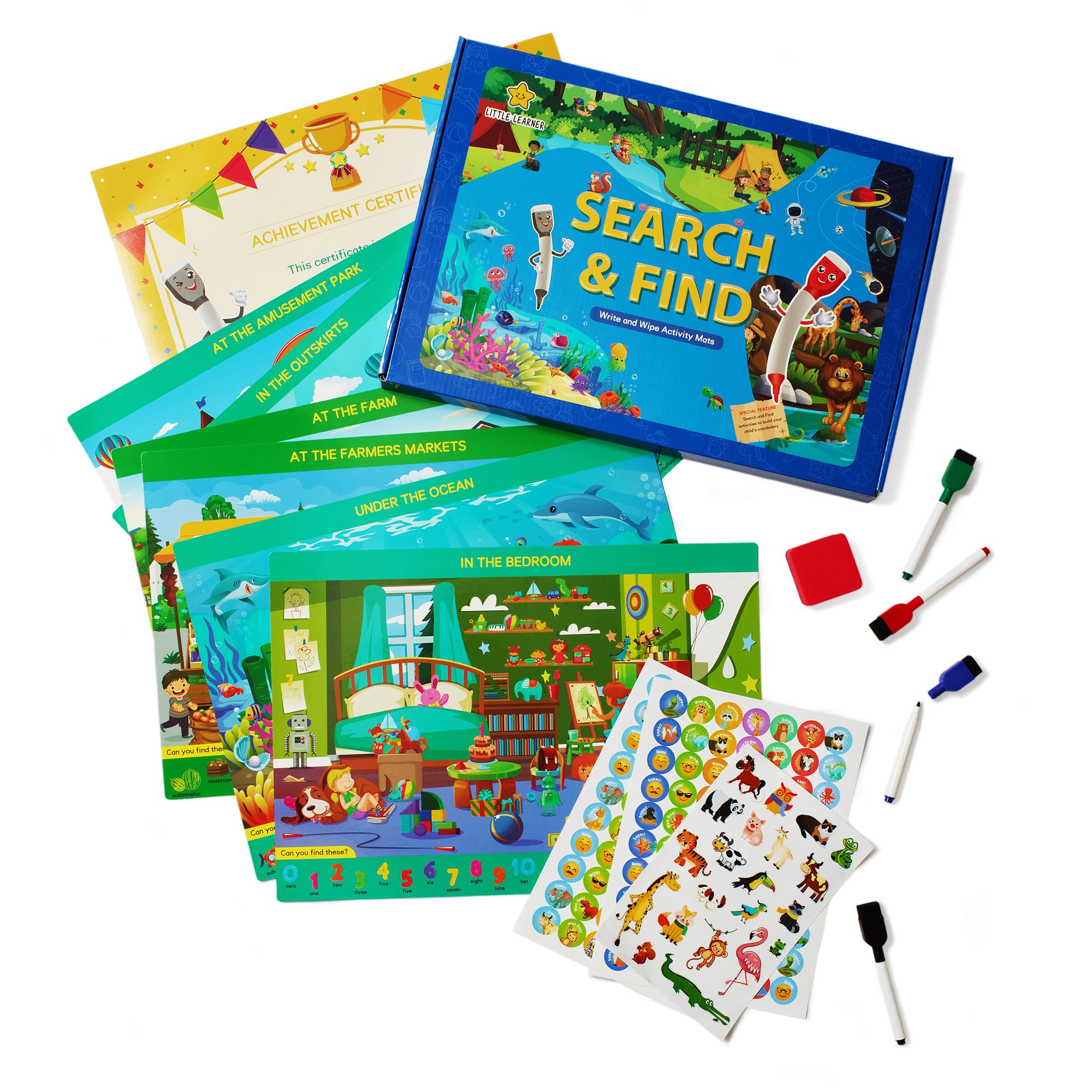 Little Learner Search and Find Educational Game Set with Reusable Mats, Dry Erase Markers & Eraser - Montessori Learning Toy for Kids Ages 3-6 | Perfect Travel Activity & Birthday Gift for Toddlers | Ideal for Home, Classroom & Road Trips