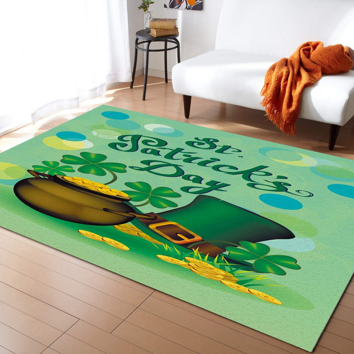 Golden Pot Green Decor St. Patrick's Day 5'x8' Non-Slip Washable Area Rug - Irish Themed Kitchen Mat, Absorbent Hallway Runner for Living Room, Bathroom, Bedroom - Perfect for Holiday Decor, Home Parties & Cozy Family Gatherings