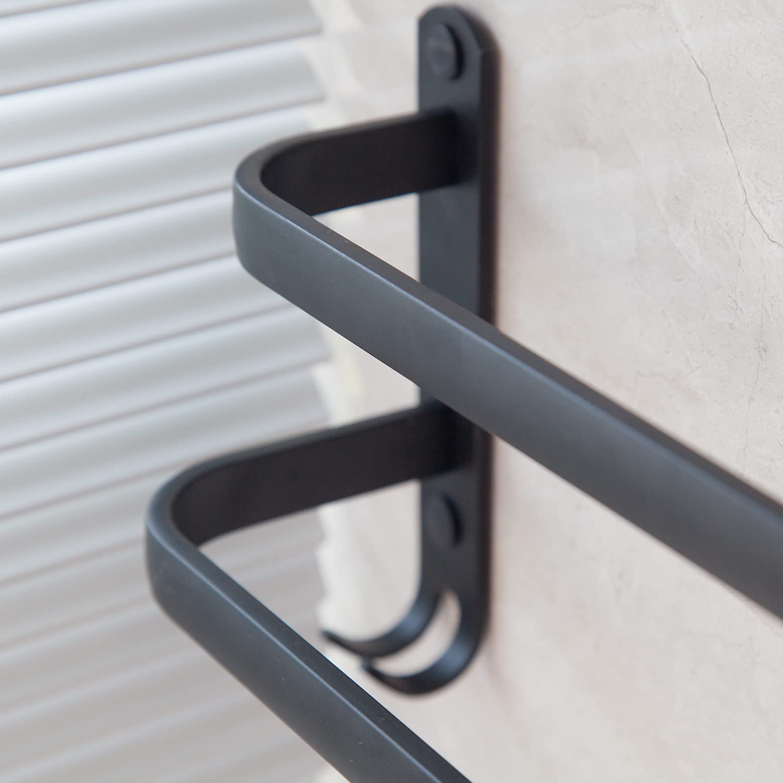 16 Inch Stainless Steel Matte Black Double Towel Bar with Hooks - Wall Mounted Bathroom Towel Rack for Shower, Toilet & Kitchen - Durable & Dustproof Bathroom Accessories for Modern Homes