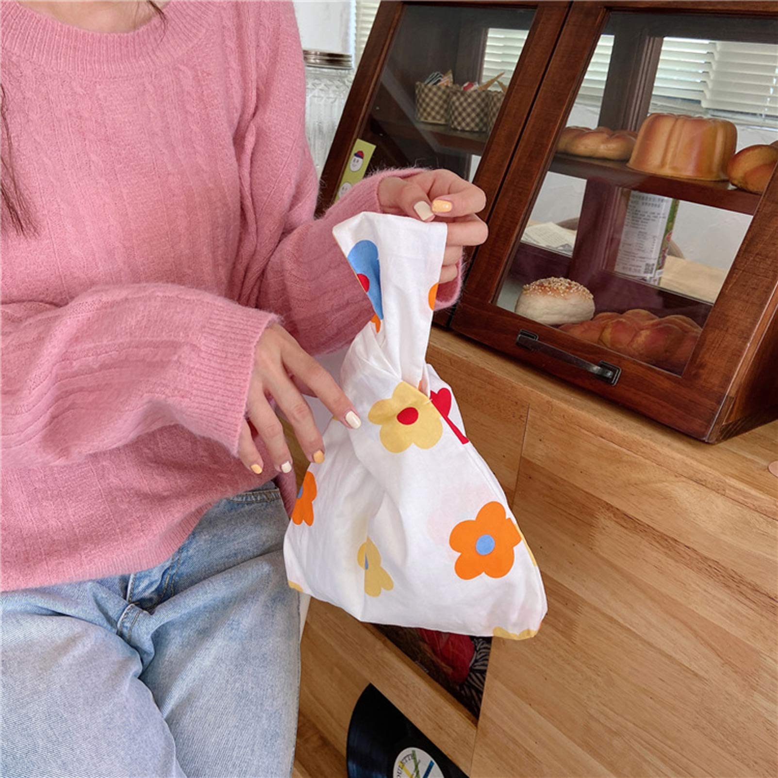 VALICLUD Cotton Flower Tote Bag - Japanese Style Wrist Handbag with Knot Closure | Casual Beach Bag, Shopping Tote, Summer Accessory for Women