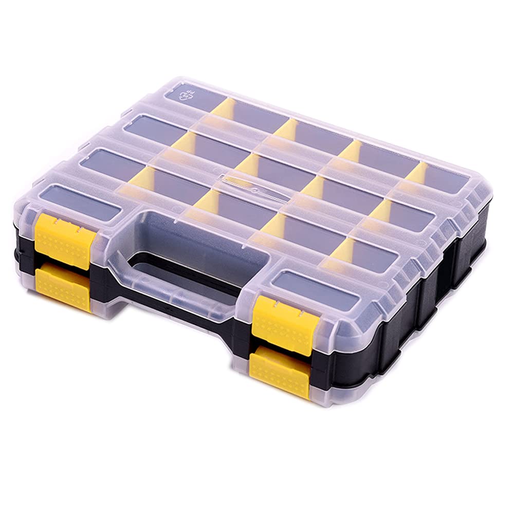 34 Compartment Small Parts Organizer Box - Durable Plastic Hardware Storage with Removable Dividers for Nuts, Bolts, Screws & Nails - Double-Sided Tool Box for DIY, Workshop & Home Organization (Yellow)
