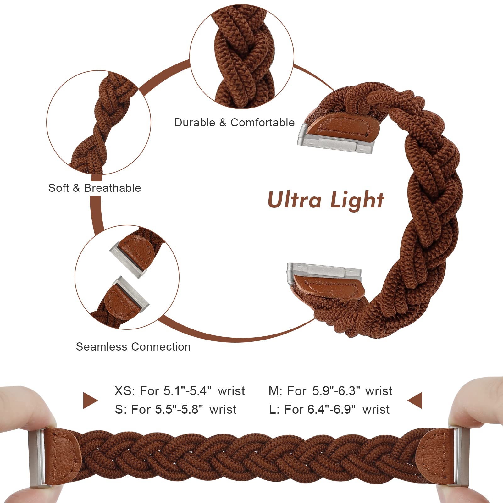 Elastic Braided Solo Loop Strap for Fitbit Sense/Versa 3/Sense 2/Versa 4 - Slim Stretchy Woven Wristband Accessory for Women (Brown) - Perfect for Workouts, Running & Everyday Wear