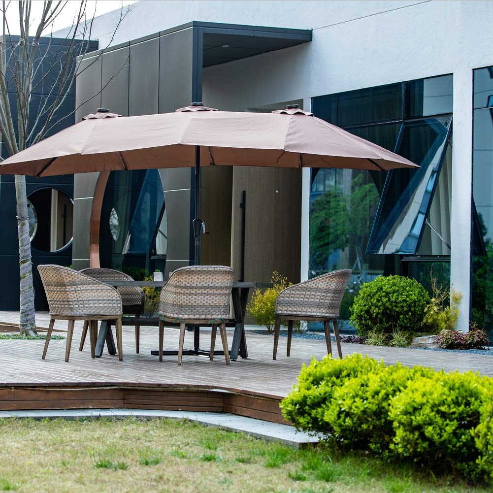 Leisurelife 15Ft Double-Sided Patio Market Umbrella with Solar Lights & Crank - Extra Large Outdoor Shade for Garden, Poolside, Restaurant, and Backyard Relaxation