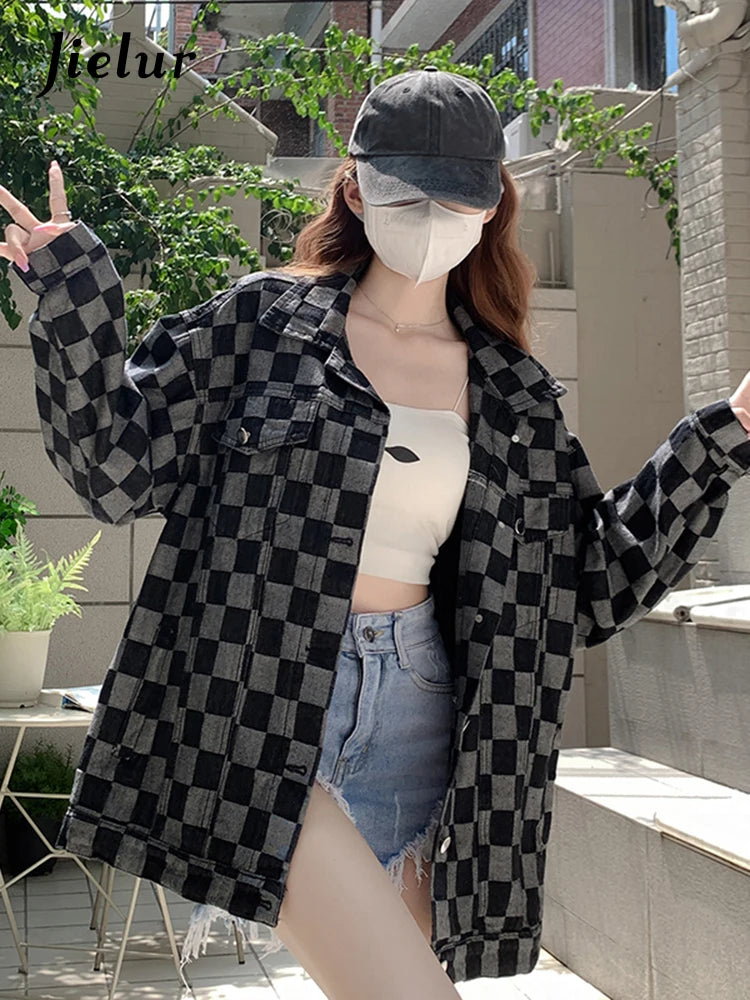 Women's Autumn Black Denim Coat - Korean Style Checkerboard Print Casual Loose Fit Retro Blue Jacket | High Street Fashion for Fall Outfits, Date Nights & Streetwear Looks