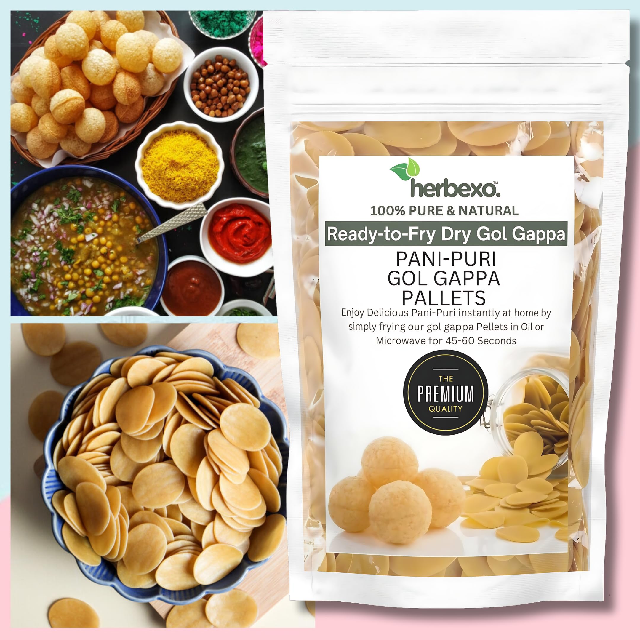 **Herbexo Pani Puri Ready-to-Fry/Bake Pellets (250g) - Instant Golgappa Papdi with Free Pani Masala Mix | Authentic Indian Street Snack | Microwave & Air Fryer Friendly | Perfect for Parties, Quick Snacks & Family Gatherings**