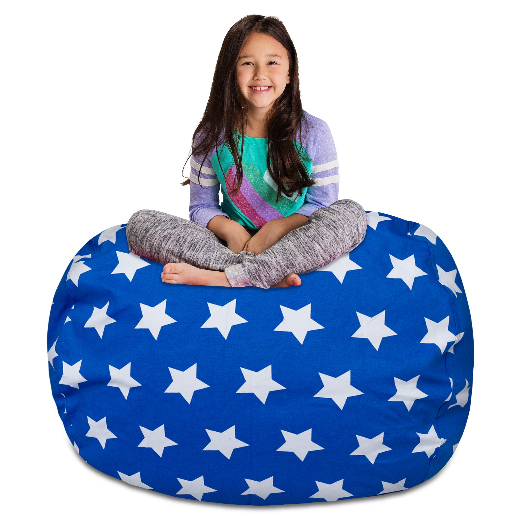 Posh Creations Kids Stuffed Animal Storage Bean Bag Chair Cover - XL 48in Toy Organizer for Children's Room, Blue Canvas with White Stars - Perfect for Playroom, Nursery, and Bedroom Organization