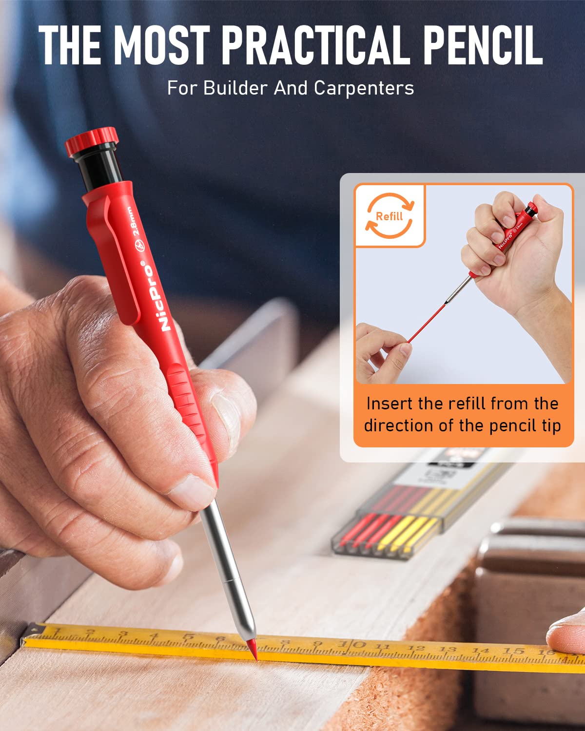 Nicpro 4 Pack Carpenter Pencils with Sharpener - Heavy Duty Mechanical Woodworking Pencils with 52 Refills for Architects, Builders & Contractors (Red, Black, Yellow, Blue) - Perfect for Construction Sites, Woodworking Projects & Drafting
