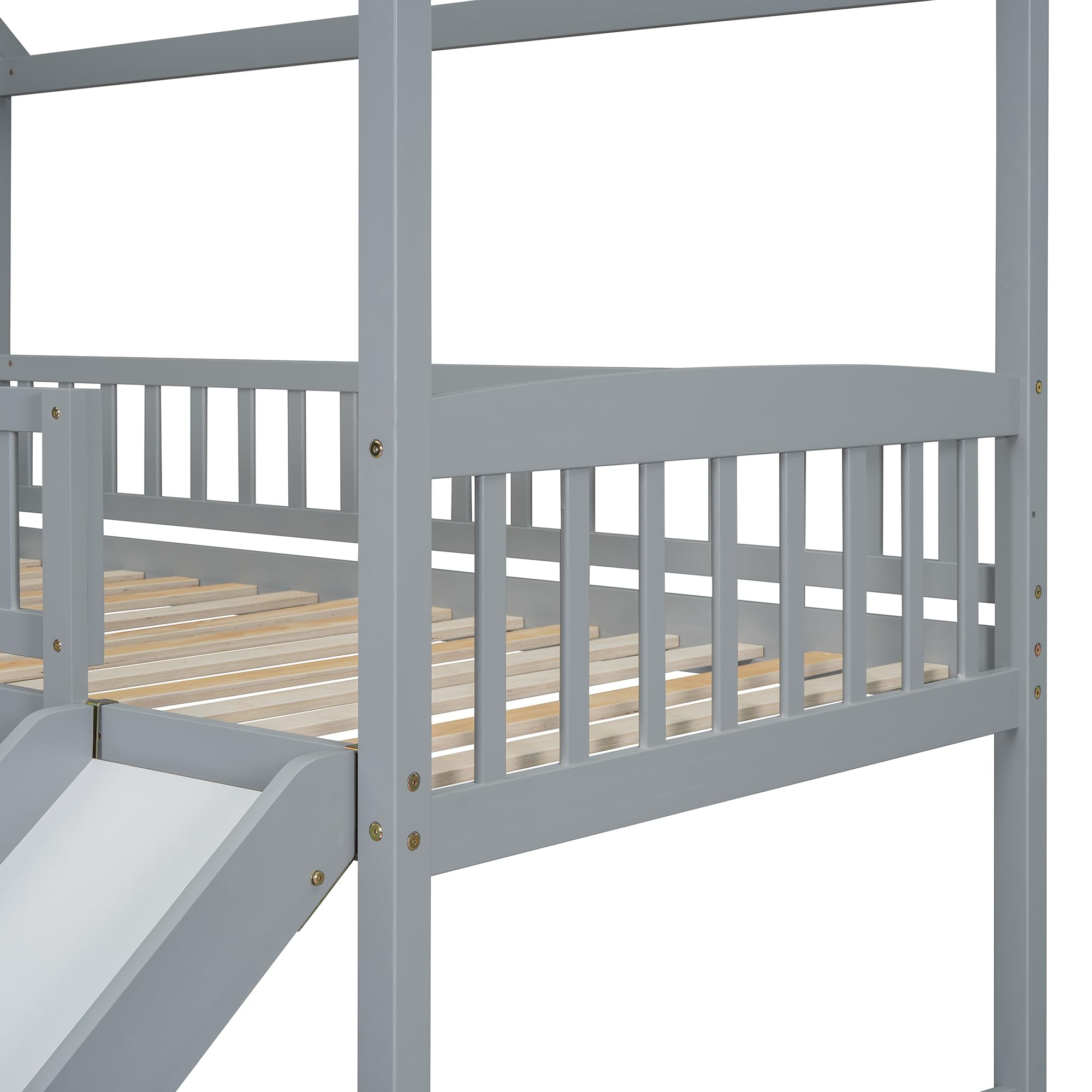 Solid Wood Twin Over Twin Bunk Bed with Slide - Kids Loft Bed with Storage Staircase, Roof & Guardrails - Easy Assembly House Bed for Boys, Girls & Teens (Gray) - Perfect for Small Bedrooms, Playrooms & Sleepovers