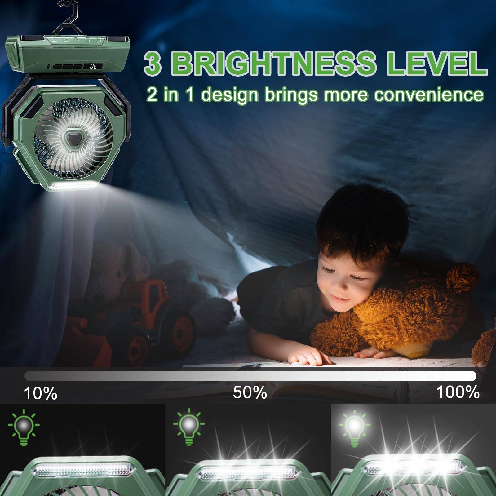 Portable Rechargeable Fan with 6000mAh Battery, LED Lantern & 270° Rotation - 3 Speed USB Camping Fan with Hanging Hook for Travel, Tent, Fishing, Car, RV - Perfect for Outdoor Adventures, Camping Trips & Summer Cooling