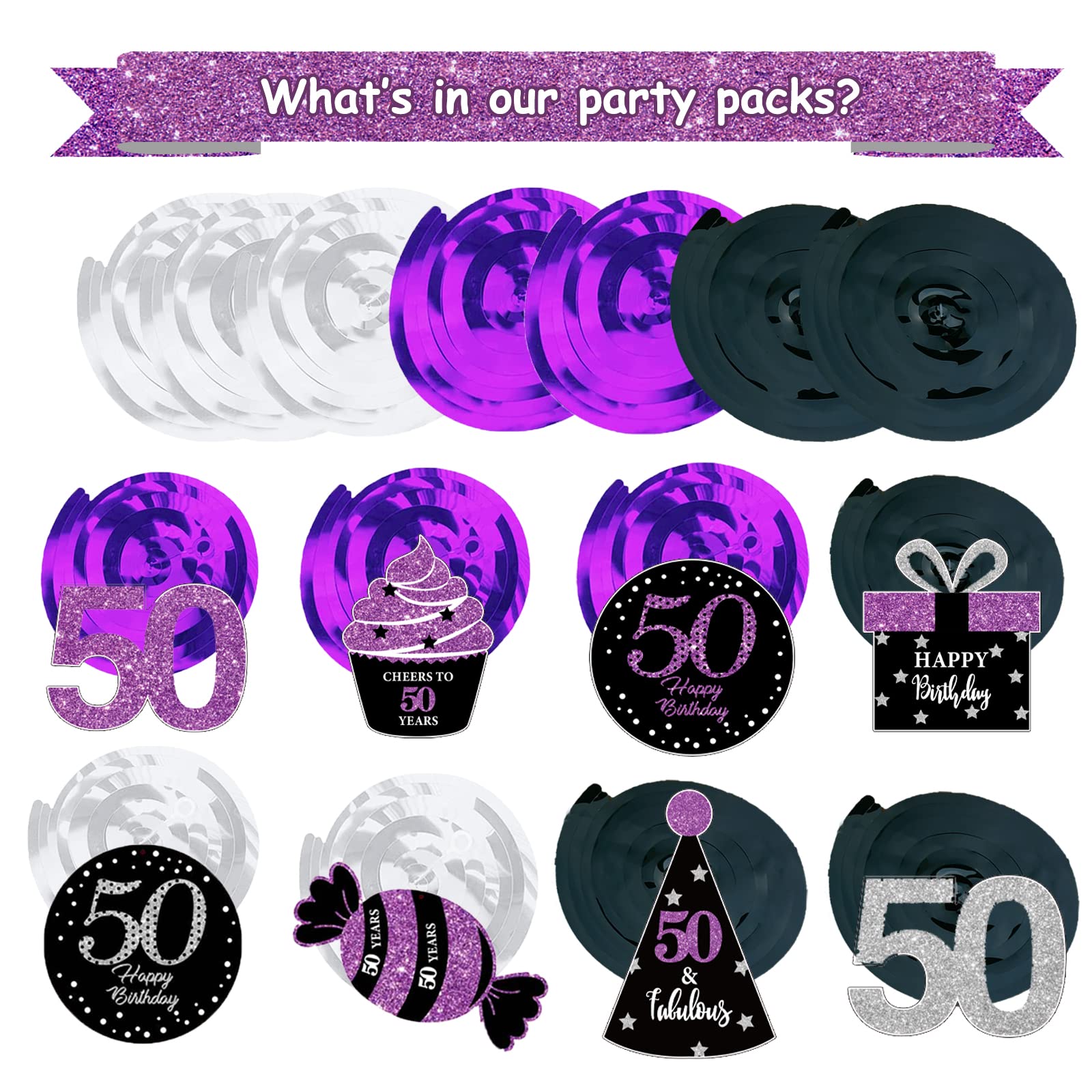 50th Birthday Party Decorations for Women - Purple, Silver & Black Foil Hanging Swirls | Elegant Women's 50th Birthday Party Supplies | Perfect for Milestone Celebrations, Photo Backdrops & Venue Decorations