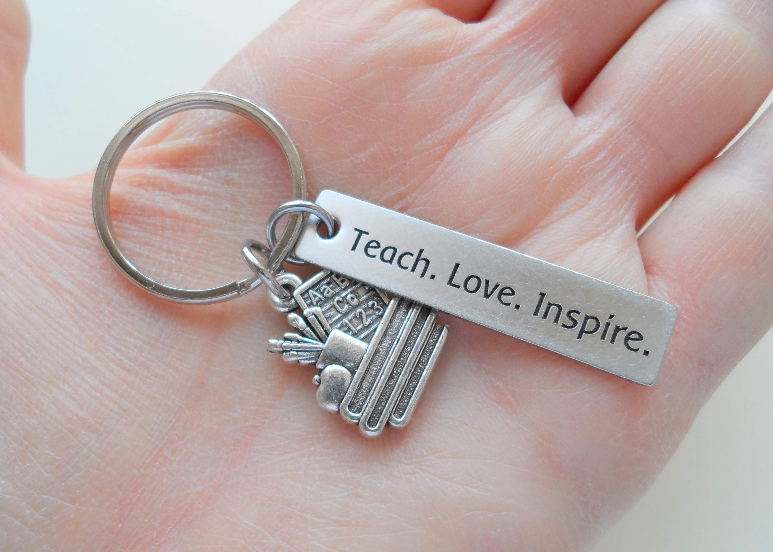 Book Stack & School Supplies Charm Keychain with Teach Love Inspire Engraved Tag - Teacher Appreciation Gift, School Volunteer Gift - Perfect for Teacher's Day, End of Year Gifts, and Classroom Rewards