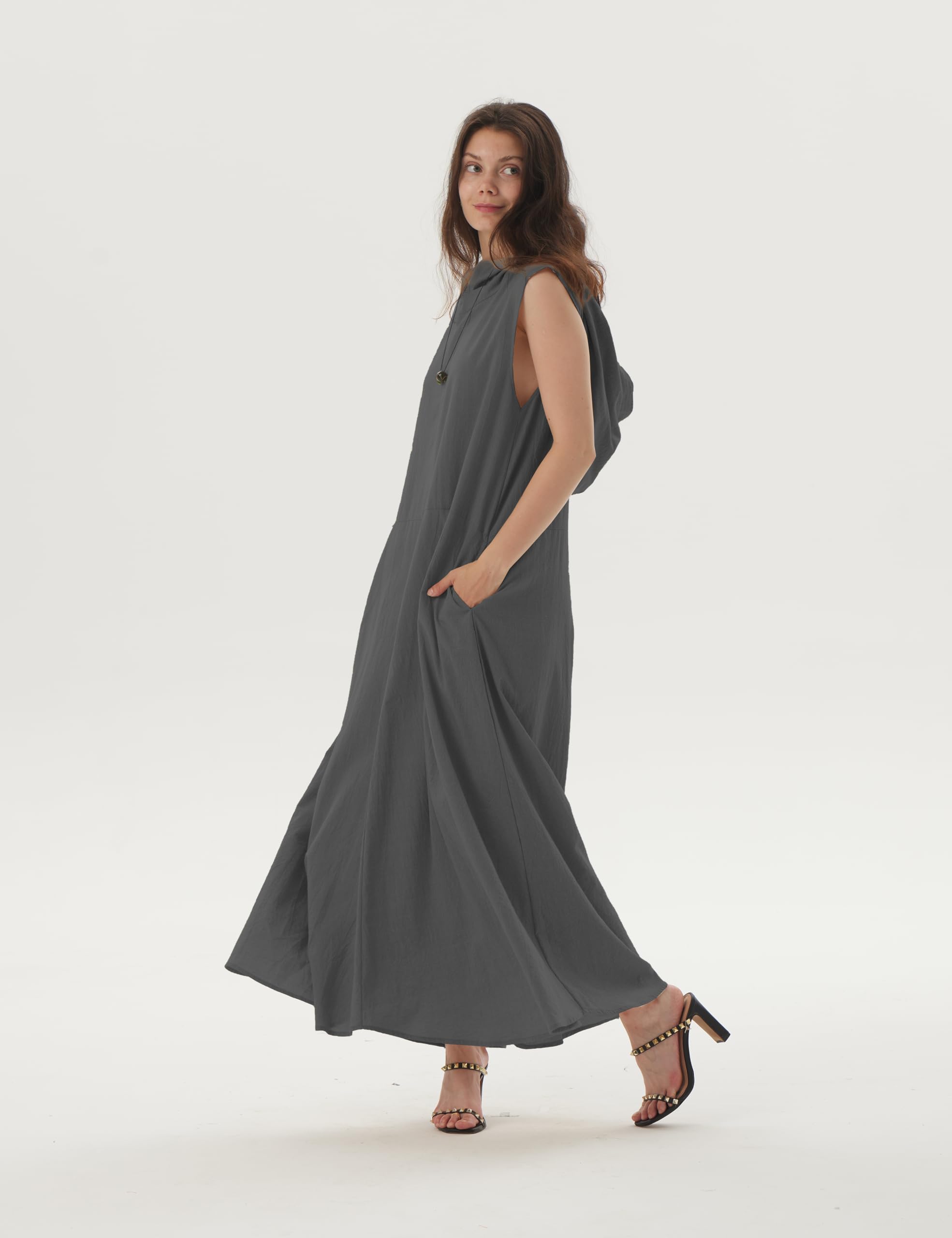 Women's Summer Sleeveless Hooded Maxi Dress - Linen Casual Loose Dress with Pockets (S, Black Gray) | Beach Cover Up, Vacation Outfit, Boho Chic Style