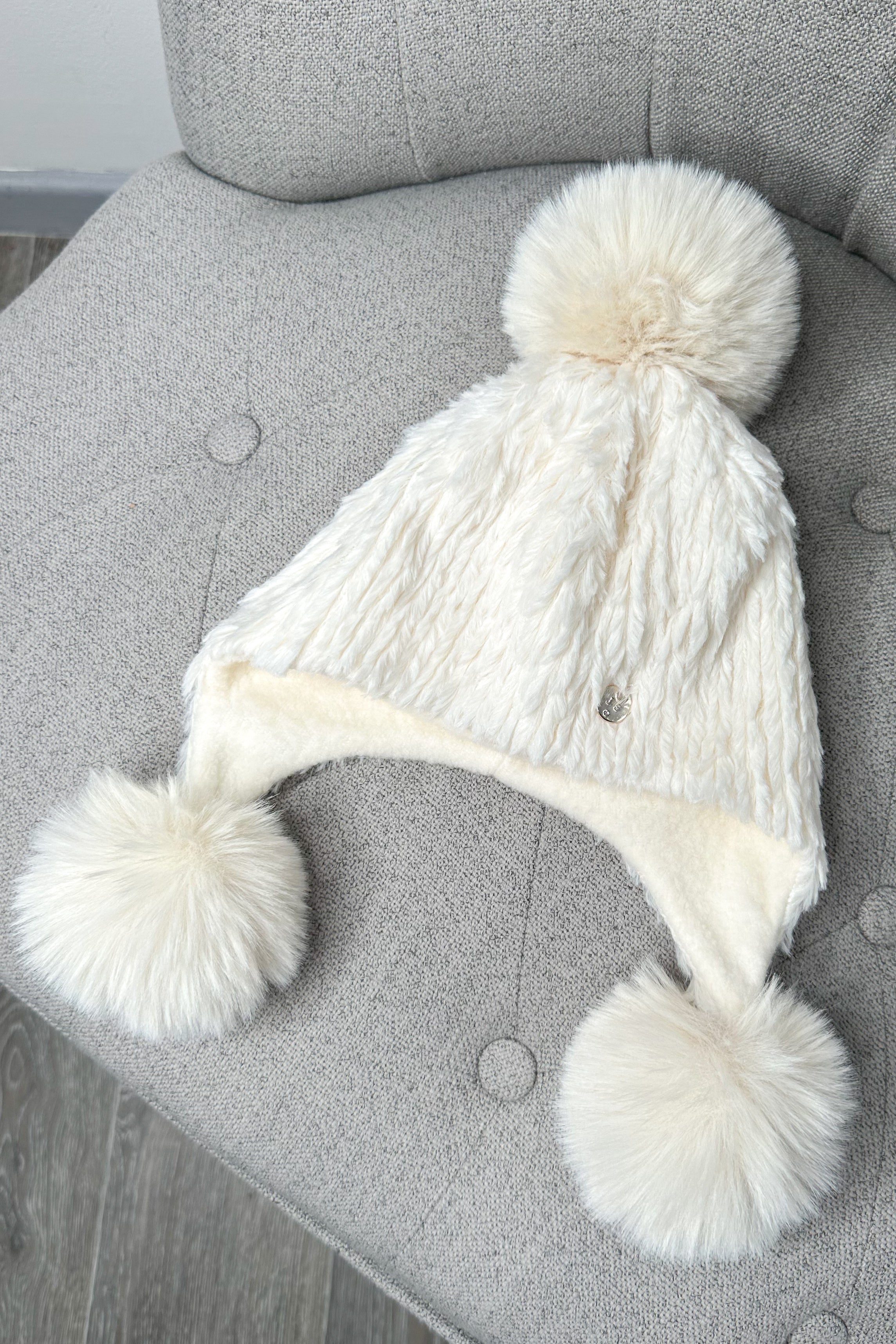Ivory Faux Fur Winter Hat with Triple Pom Poms - Soft Warm Beanie for Women, Girls - Perfect for Snow Days, Skiing & Cold Weather Fashion