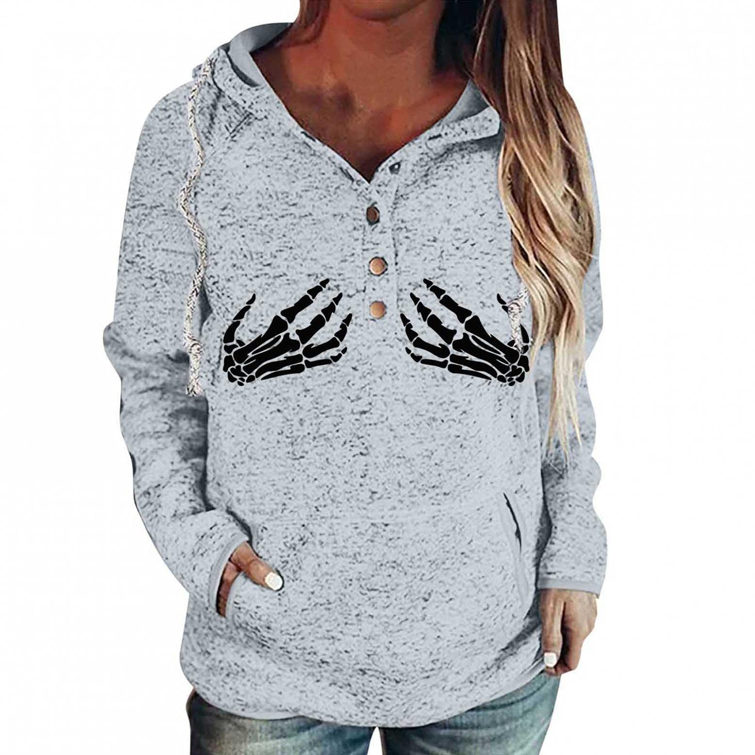 Felwors Women's Lightweight Halloween Printed Hoodies - Cozy Fall Sweaters, Long Sleeve Loose Drawstring Pullover Sweatshirts for Casual Wear, Halloween Parties & Autumn Outings