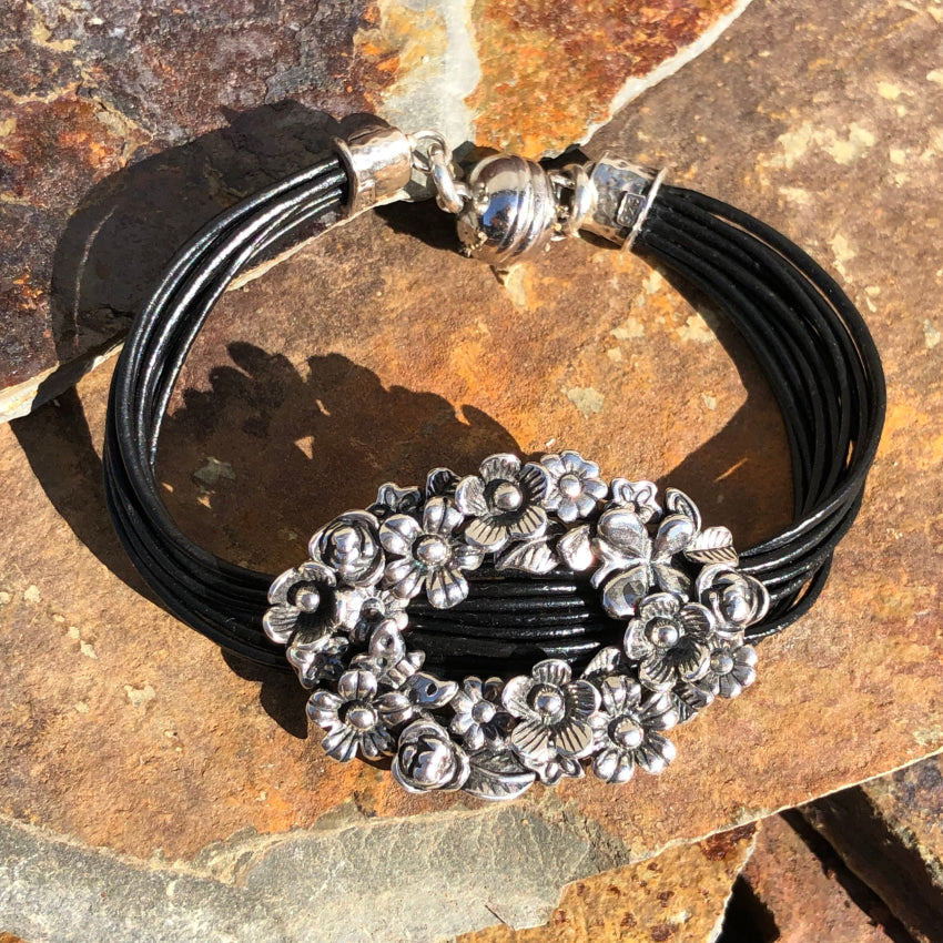 Sterling Silver Floral Buckle Bracelet with Black Leather Cord - Elegant Boho Jewelry for Women, Perfect for Parties, Weddings & Everyday Wear