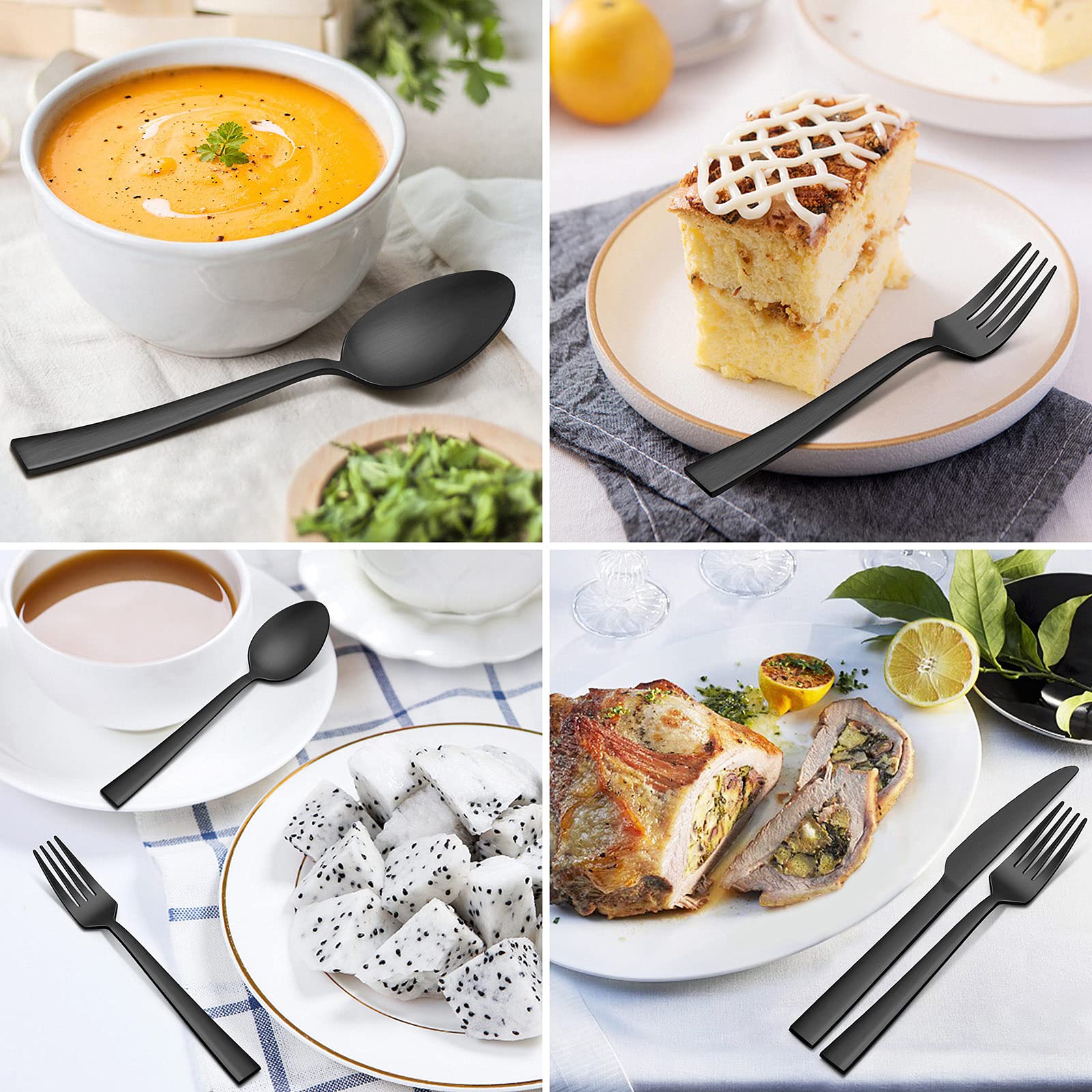 45-Piece Matte Black Silverware Set with Serving Utensils - Stainless Steel Flatware Cutlery Set for 8 - Square Tableware for Wedding, Home & Restaurant - Satin Finish & Dishwasher Safe - Perfect for Dinner Parties, Holidays & Everyday Dining