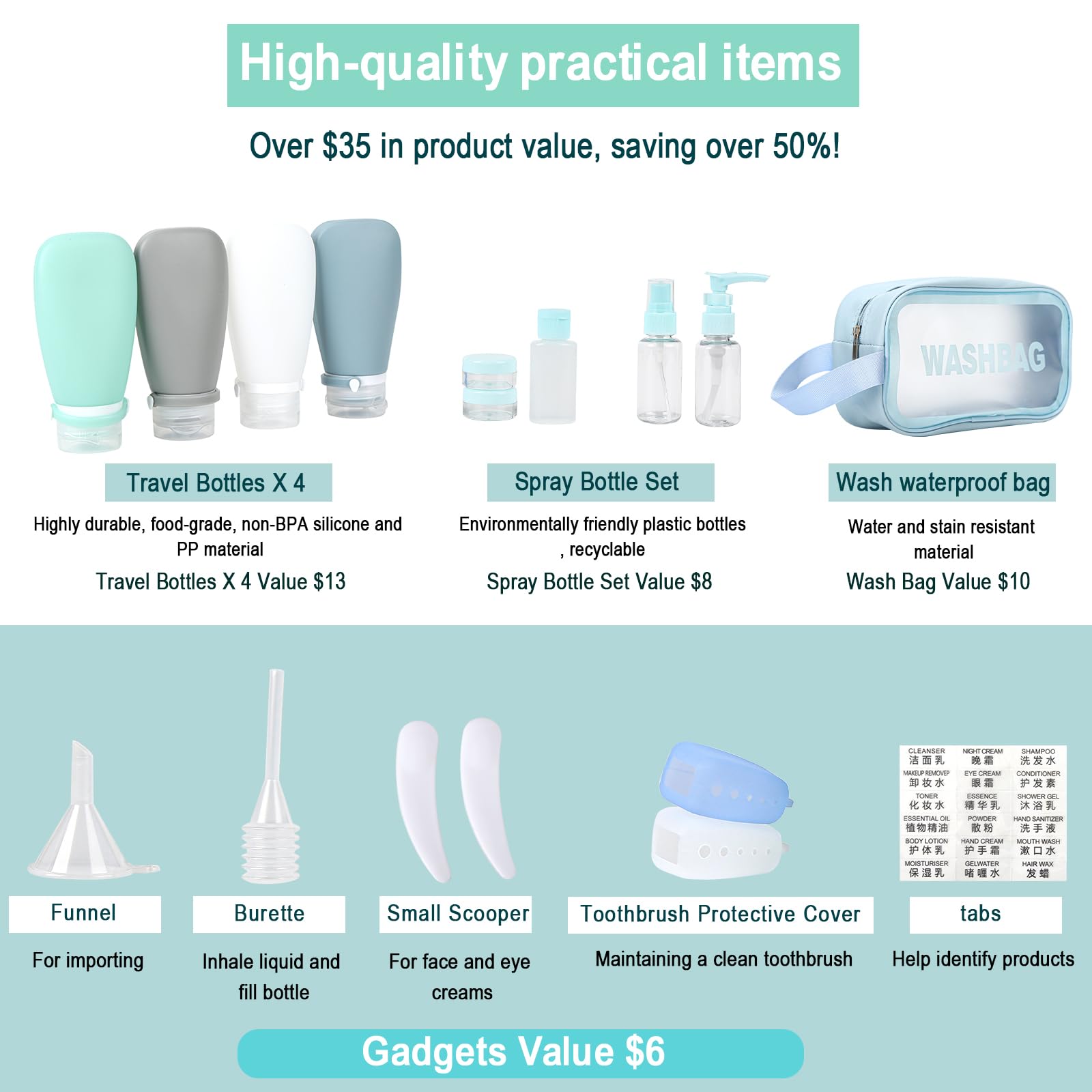 18 Pc Travel Bottle Set - TSA Approved Leak Proof Toiletry Containers with 3 oz Bottles, Funnel & Toothbrush Cover | Perfect for Airplane Carry-On, Vacation Essentials & Gym Bag Organization