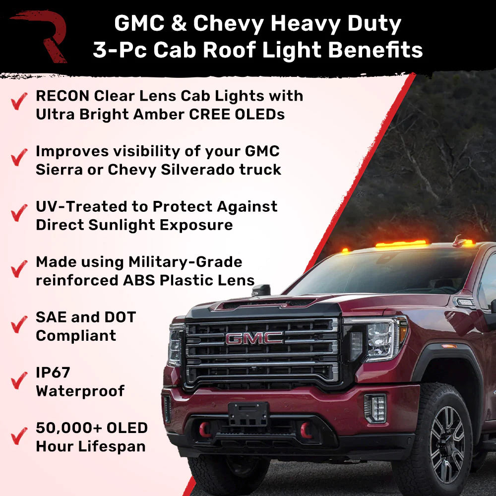 GMC & Chevy 20-25 4th Gen Heavy Duty 3-Piece Clear Cab Roof Light Lens with Amber LEDs - OEM Replacement for Factory Cab Lights - Perfect for Truck Upgrades & Off-Roading