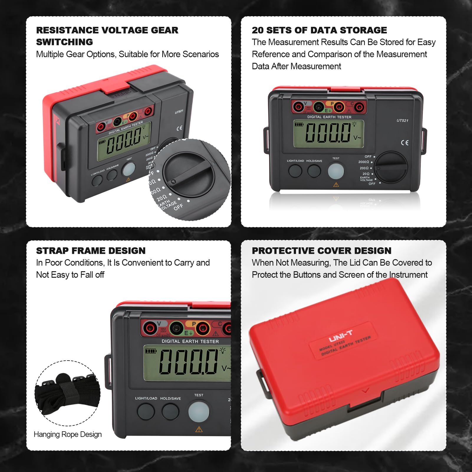 Premium UT521 Digital Earth Ground Insulation Tester Kit - Accurate Ohmmeter with Storage Case (50Hz/60Hz) for Electrical Safety Testing in Homes, Industrial Sites & Solar Installations