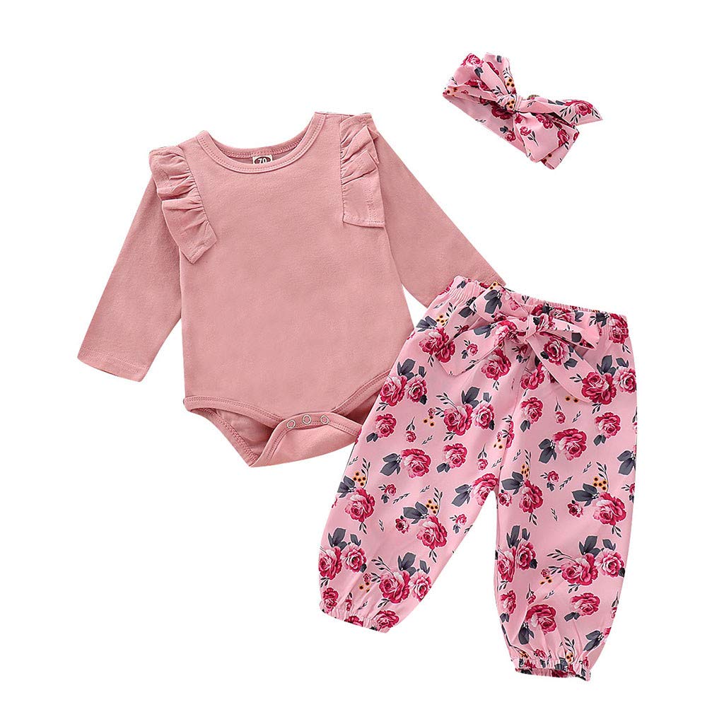 WOCACHI Baby Girls Outfits Set - 3PC Long Sleeve Romper Bodysuit with Pants & Headband for Toddler & Infant | Cute Outfits for Playdates, Photos & Daily Wear