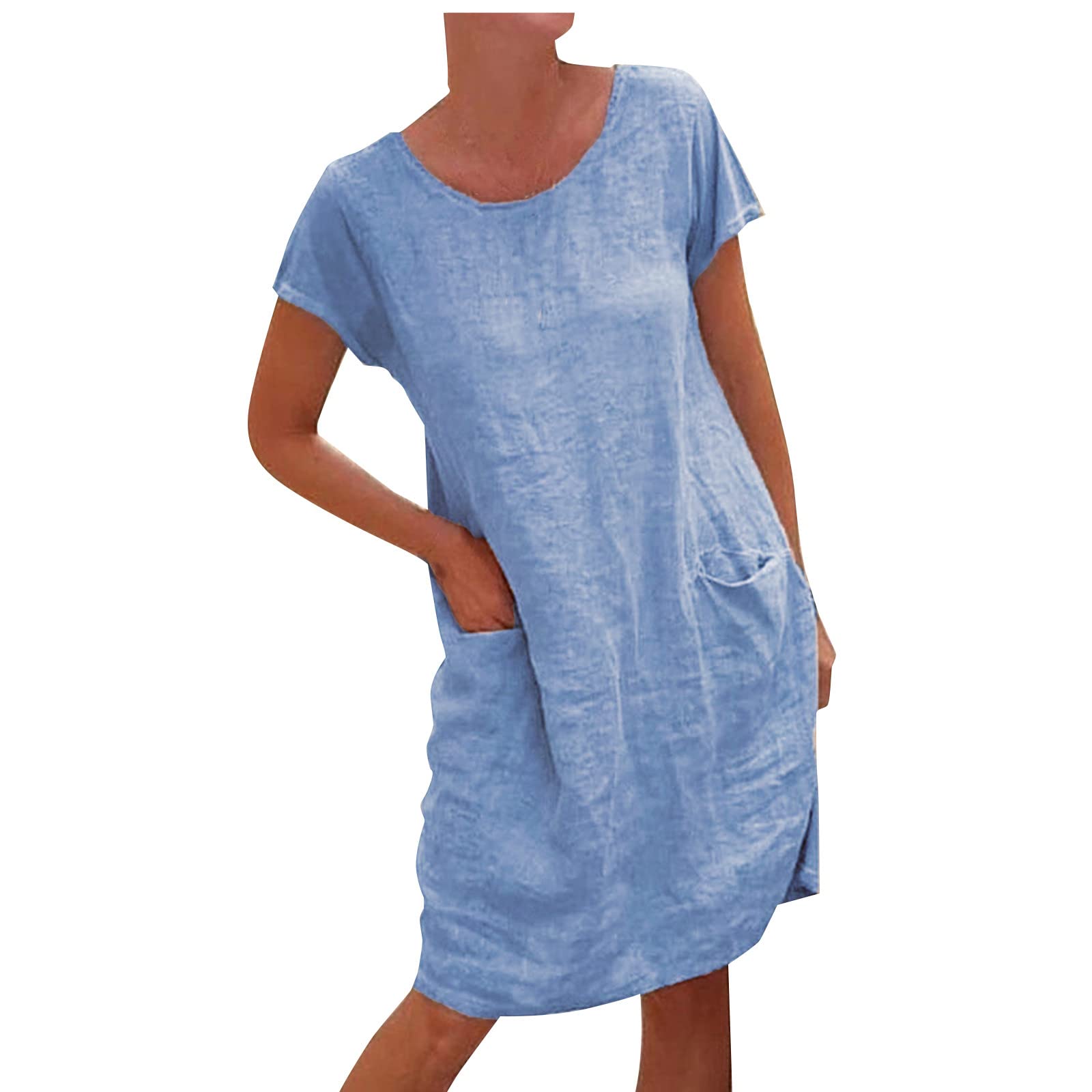 Women's Linen T-Shirt Dress - Round Neck Short Sleeve High Waist Flowy Summer Dress | Solid Color Casual Beach & Evening Wear for Women
