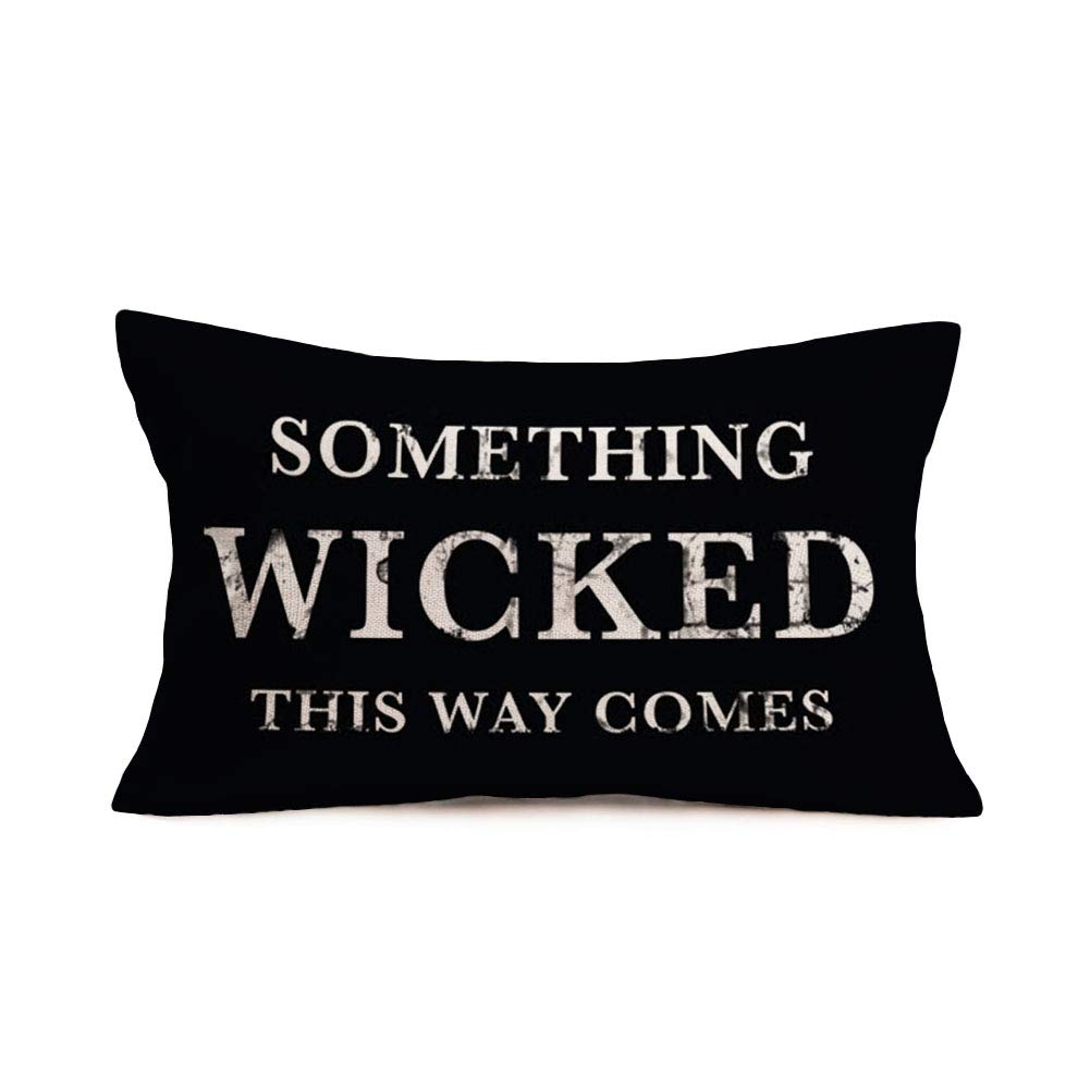 Black and White Throw Pillow Covers 12x20 Inches - Cotton Linen Farmhouse Decor with 'Something Wicked This Way Comes' Quote - Perfect for Sofa, Couch, Bedroom & Living Room Accent
