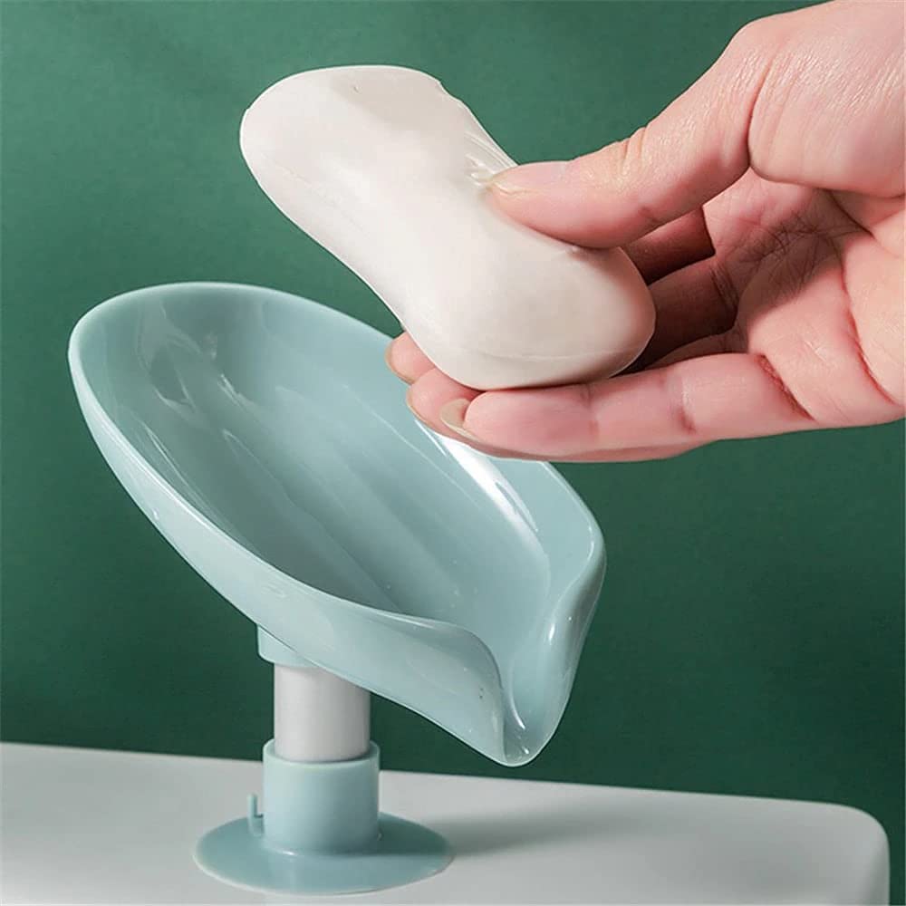MARMIX Leaf-Shaped Self Draining Soap Dish Holder - 1 Pack, No Holes Easy Clean Bar Soap Saver with Suction Cups for Shower, Bathroom & Kitchen Sink - Perfect for Wet Areas, Travel & Small Spaces (Grey + Green)