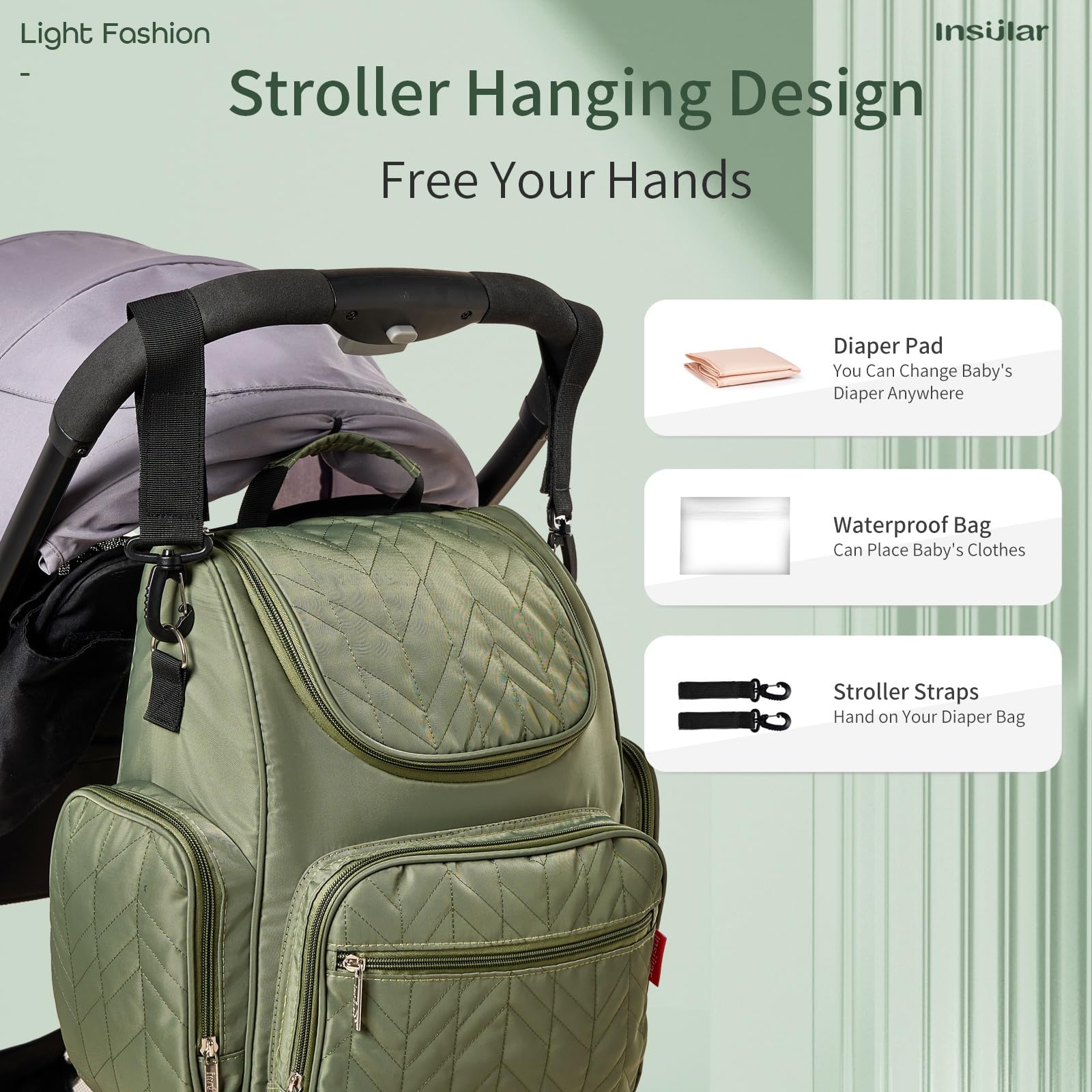 **Insular Waterproof Diaper Bag Backpack for Moms - Large Capacity Baby Travel Backpack with Stroller Straps & Changing Pad - Multi-Functional Baby Changing Bag for Girls (Green) - Perfect for Travel, Outings & Daily Use**