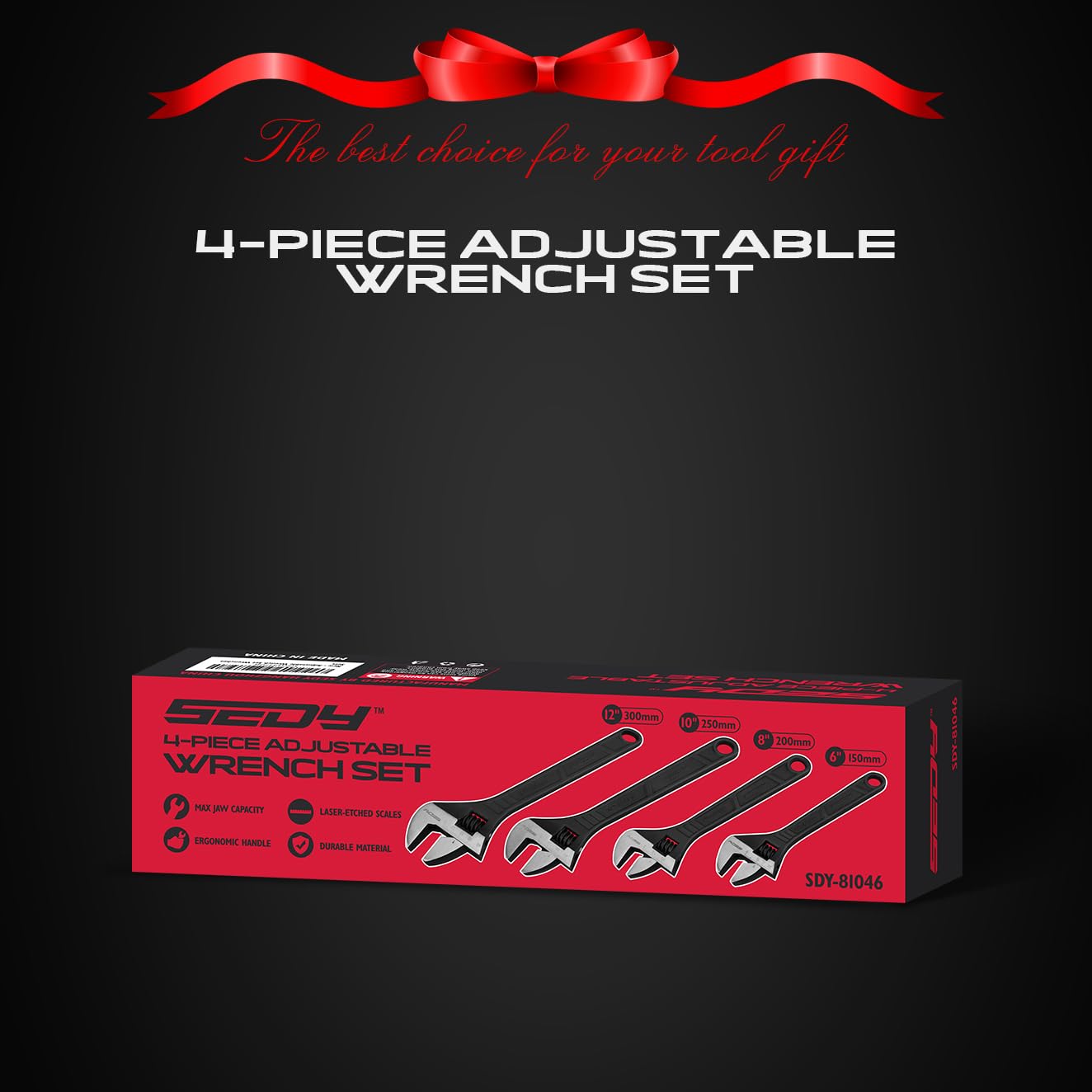 4-Piece Adjustable Wrench Set (6/8/10/12 Inch) - Chrome Vanadium Steel with Black Oxide Finish - Corrosion Resistant Tools for Automotive Repair, Plumbing & Home Maintenance - Perfect for Mechanics, DIY Projects & Household Fixes