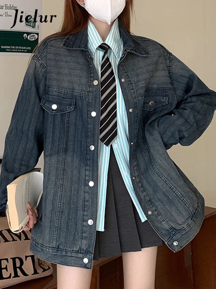 Vintage Striped Denim Jacket for Women - Autumn Long Sleeve Loose Fit Single Breasted Coat with Lapel, Streetwear Gradient Top (S-XL) | Casual Outing, Fall Fashion, Boho Style