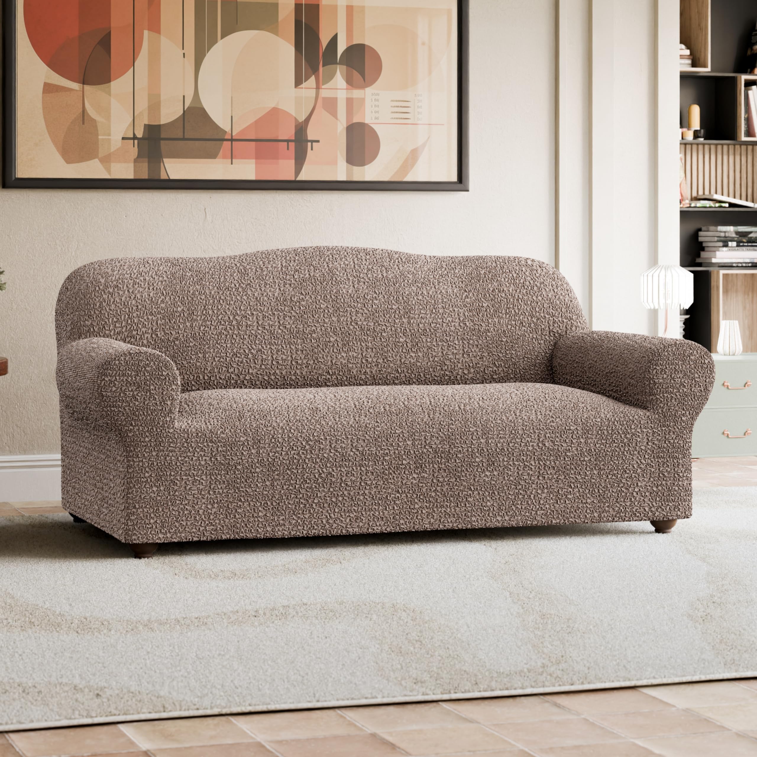 PAULATO BY GA.I.CO. Stretch Sofa Slipcover - 1-Piece Washable Couch Cover with Soft Polyester Fabric - Pet-Friendly Furniture Protector - Mille Righe Collection in Camel Color | Perfect for Living Room, Family Room & Pet Owners
