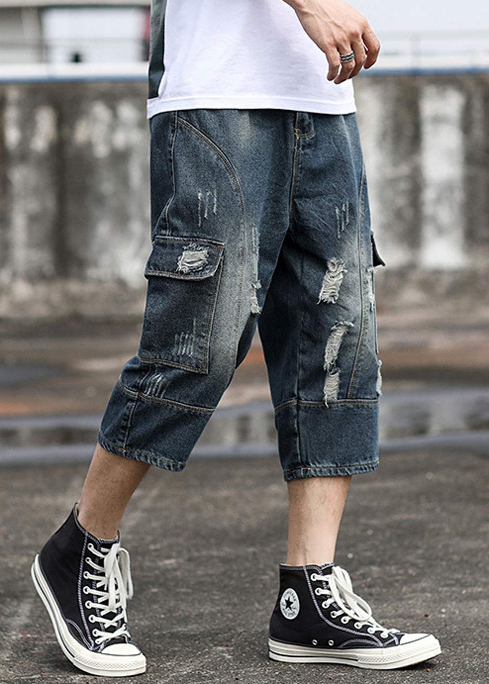 Ebossy Men's Loose Fit Ripped Distressed Denim Shorts - 3/4 Length Below Knee Cargo Capri Jeans for Casual Wear & Summer Outfits