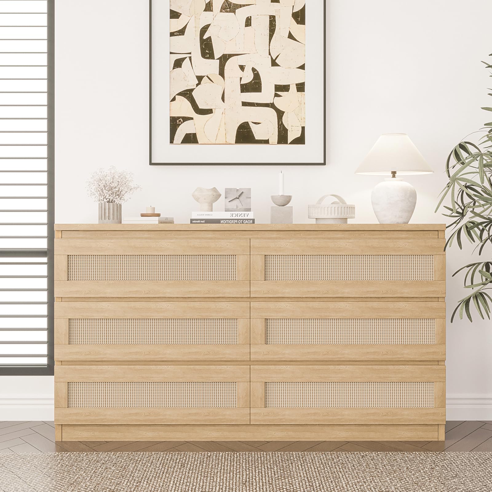 Natural Oak Rattan Dresser with 6 Drawers - Wooden Chest of Drawers for Bedroom, Closet, Living Room & Entryway | Perfect for Nightstands, TV Stands & Hallway Storage