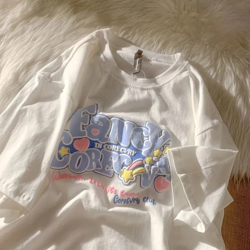 Anime Kawaii Harajuku T-Shirt for Women - Soft Cotton Graphic Tee with Cute Letter Print | Casual School Style Aesthetic Top | Korean Fashion Trendy Outfit for Cosplay, Streetwear & Daily Wear