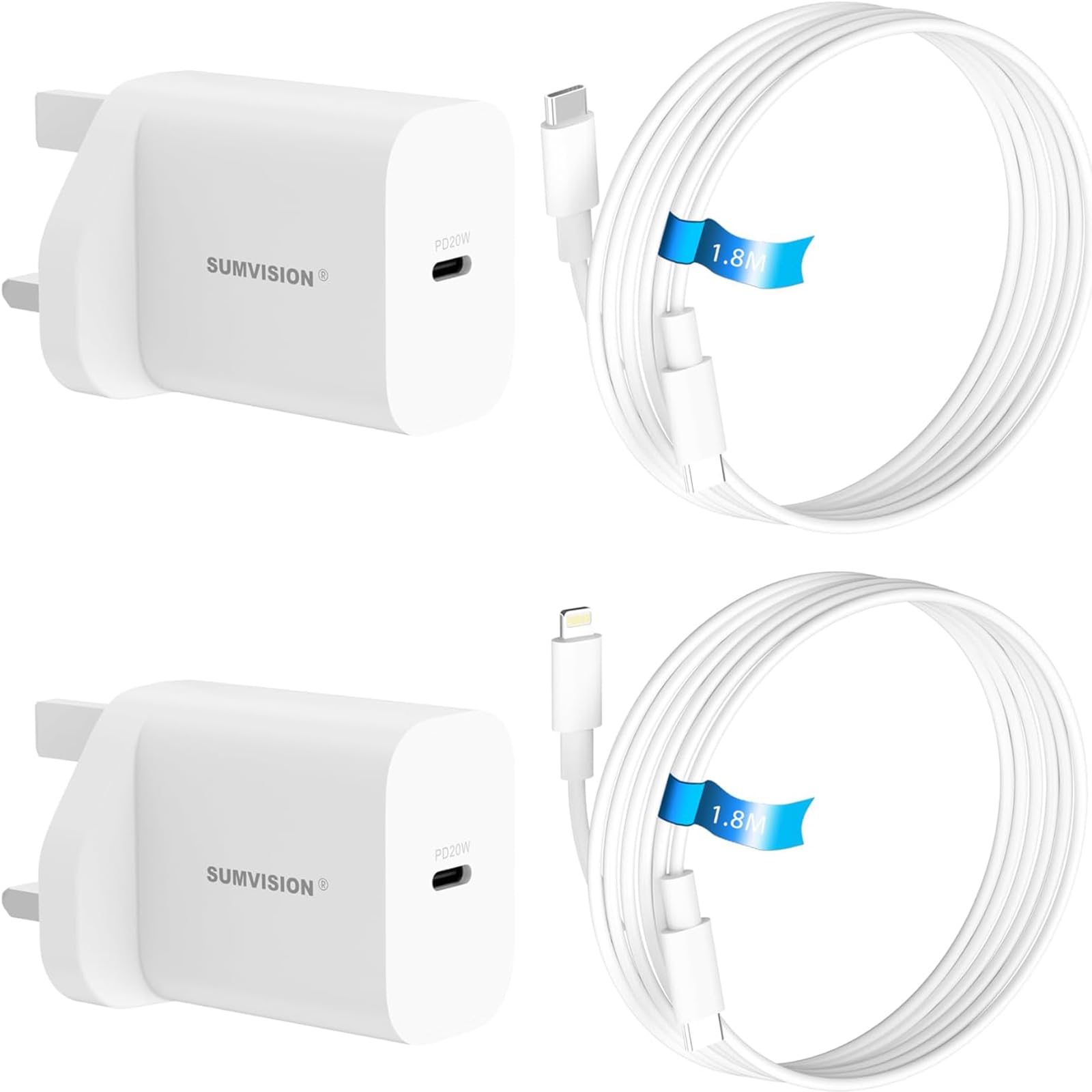 20W Fast Charger Twin Pack with 2x USB-C & Lightning Cables - Compatible with iPhone, Samsung & Android Devices | Portable USB-C Wall Charger for Home, Office & Travel | UK Plug Design with Local Tech Support